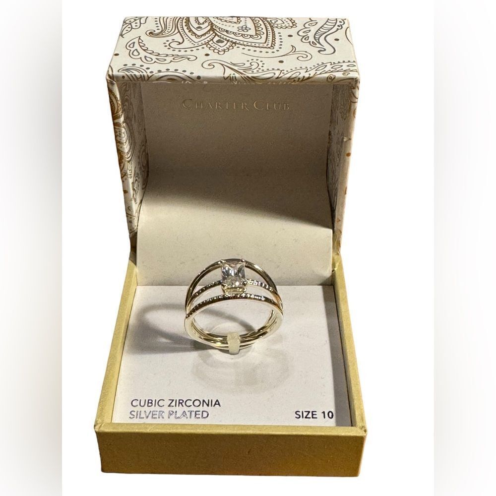 NWT Charter Club Silver-Tone 3-Pc. Emerald-Cut Crystal Bridal Set size 10 - Picture 2 of 3